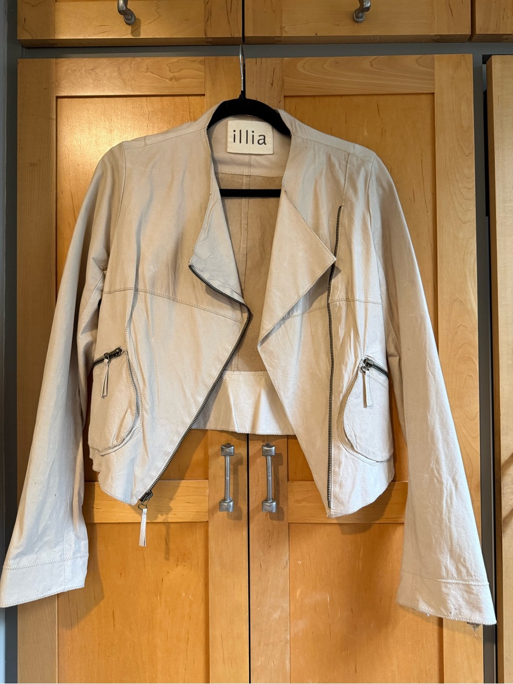 Illia Beige Leather Jacket with Zip Pockets, Size 4